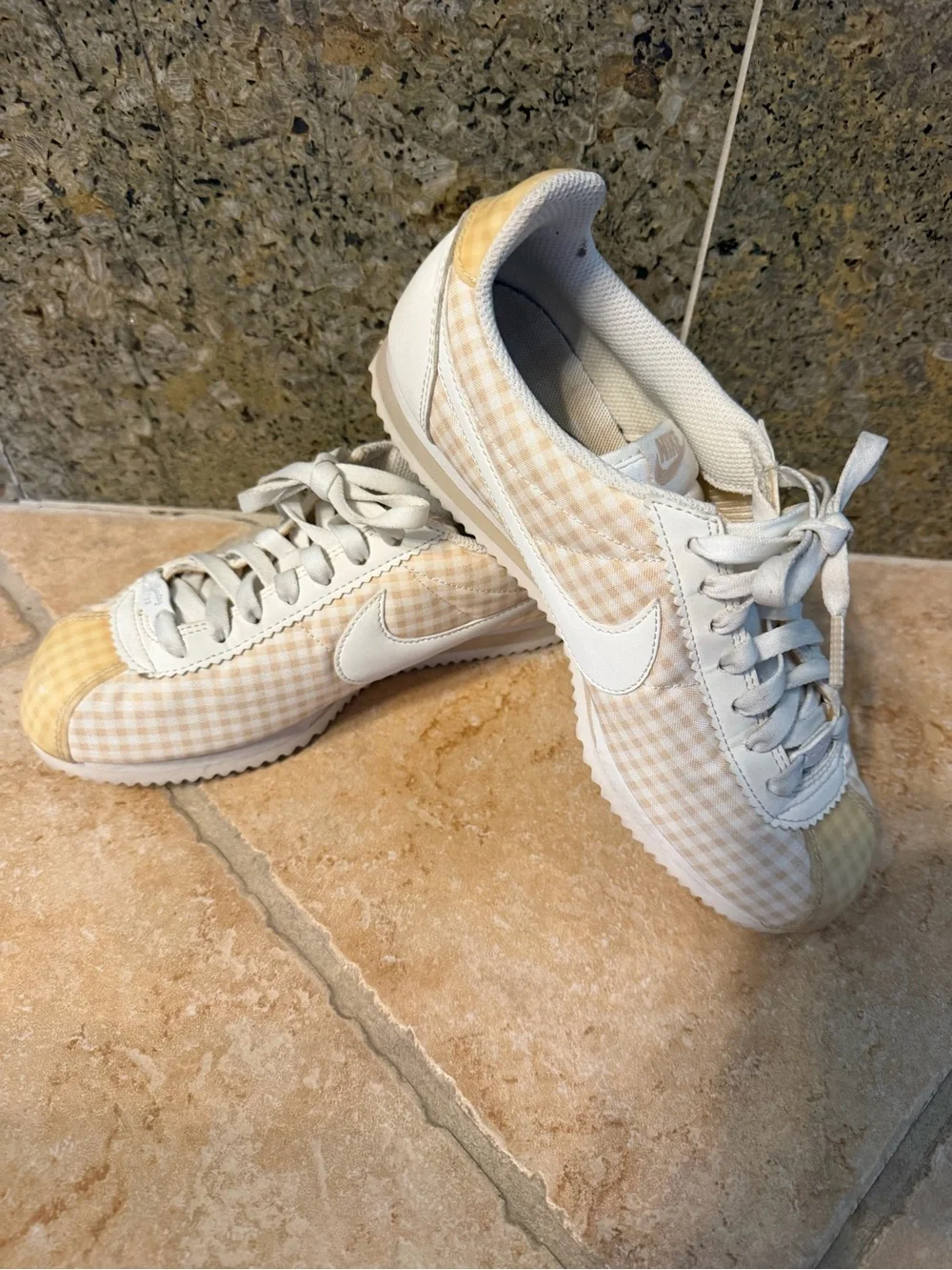 Nike Women’s Gingham Cortez Sneakers in Cream and White